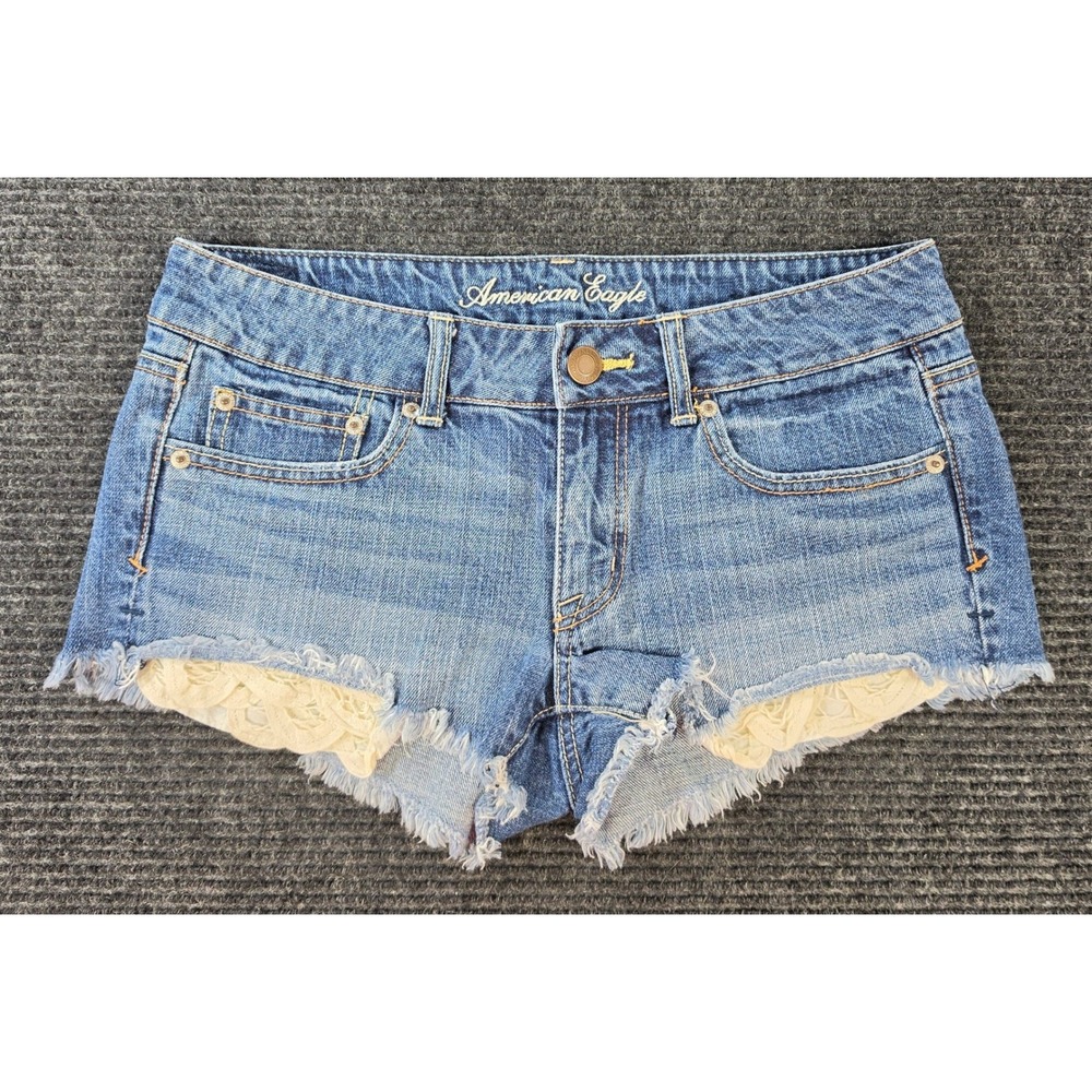 American Eagle Denim Shorts Womens 6 Blue Excellent Lace Trim Cut Off Low Rise